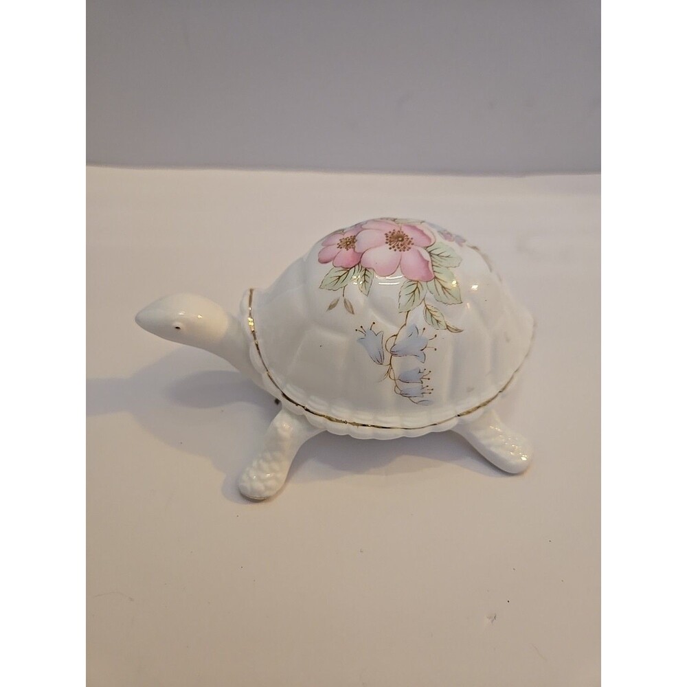 Vintage Lefton Porcelain Bone China Turtle Trinket Box Floral